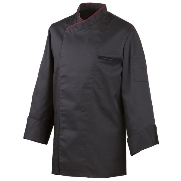 212 - Kochjacke langarm, mit Druckknöpfen, Fb. schwarz, mit farbiger Paspel