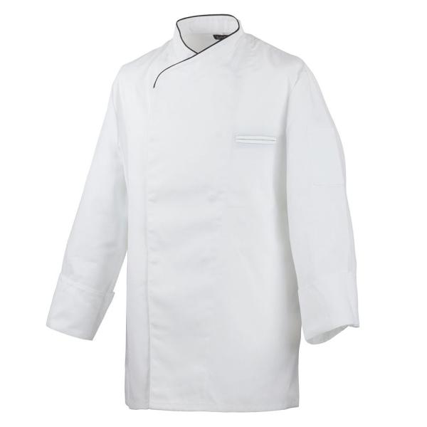 215 - Kochjacke langarm, mit Druckknöpfen, Fb. weiss, Paspel schwarz